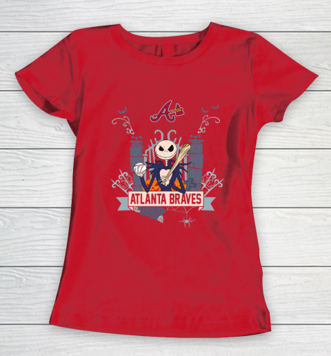 MLB Atlanta Braves Baseball Jack Skellington Halloween Women's T-Shirt 9