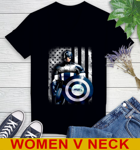 Seattle Seahawks NFL Football Captain America Marvel Avengers American Flag Shirt Women's V-Neck T-Shirt