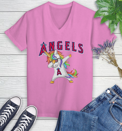 Los Angeles Angels MLB Baseball Funny Unicorn Dabbing Sports Women's V-Neck T-Shirt 14