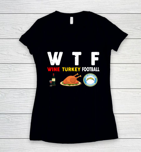 Los Angeles Chargers Giving Day WTF Wine Turkey Football NFL Women's V-Neck T-Shirt