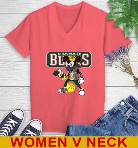 Milwaukee Bucks NBA Basketball Mickey Peace Sign Sports Women's V-Neck T-Shirt 7