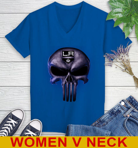 Los Angeles Kings NHL Hockey Punisher Skull Sports Women's V-Neck T-Shirt 9