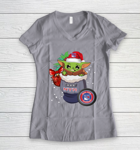 New York Rangers Christmas Baby Yoda Star Wars Funny Happy NHL Women's V-Neck T-Shirt 4