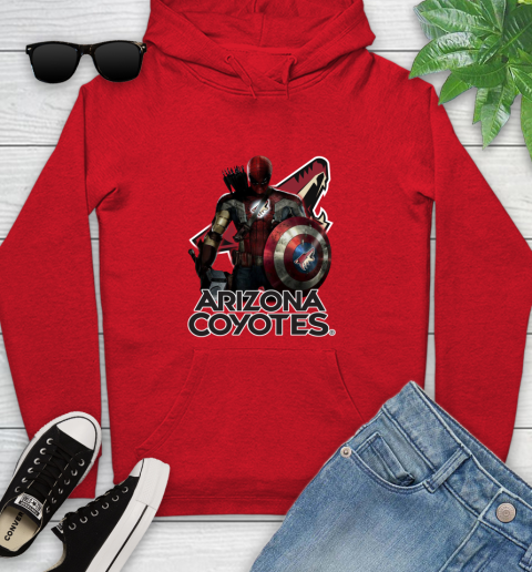 NHL Captain America Thor Spider Man Hawkeye Avengers Endgame Hockey Arizona Coyotes Youth Hoodie 11