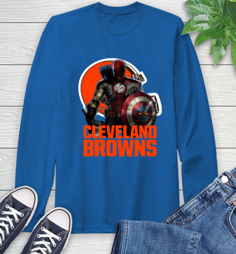 NFL Captain America Thor Spider Man Hawkeye Avengers Endgame Football Cleveland Browns Long Sleeve T-Shirt 9