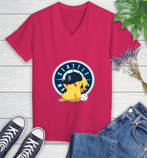 MLB Pikachu Baseball Sports Seattle Mariners Women's V-Neck T-Shirt 9
