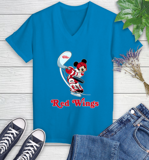 NHL Hockey Detroit Red Wings Cheerful Mickey Mouse Shirt Women's V-Neck T-Shirt 6