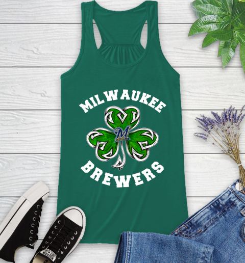 MLB Milwaukee Brewers Three Leaf Clover St Patrick's Day Baseball Sports Racerback Tank 6