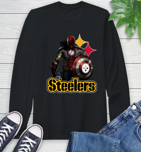 NFL Captain America Thor Spider Man Hawkeye Avengers Endgame Football Pittsburgh Steelers Long Sleeve T-Shirt 2