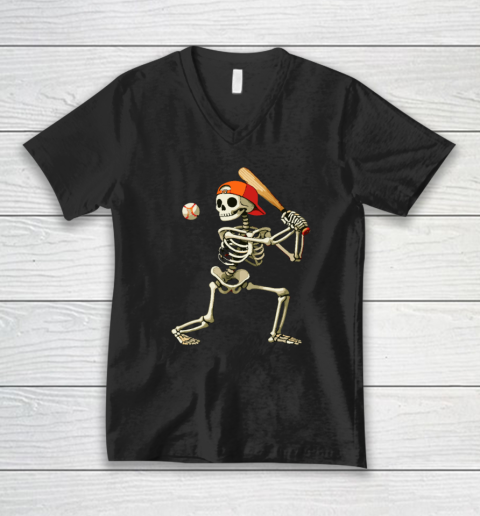 Skeleton Baseball Halloween Costume Funny V-Neck T-Shirt