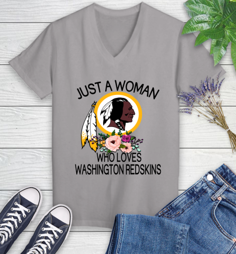 NFL Just A Woman Who Loves Washington Redskins Football Sports Women's V-Neck T-Shirt 2