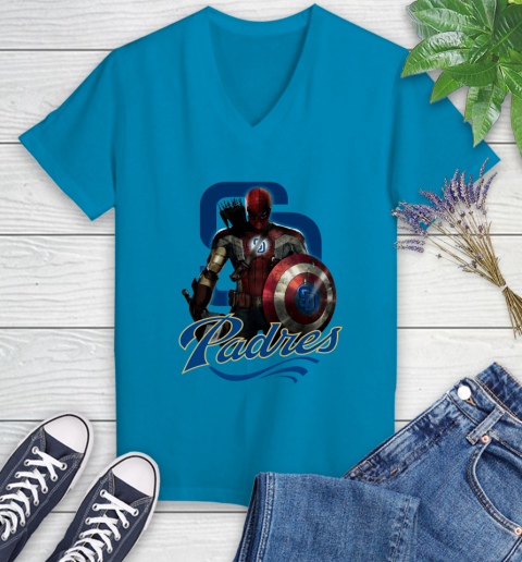 MLB Captain America Thor Spider Man Hawkeye Avengers Endgame Baseball San Diego Padres Women's V-Neck T-Shirt 7