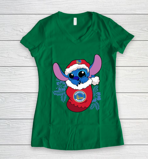 Golden State Warriors Christmas Stitch In The Sock Funny Disney NBA Women's V-Neck T-Shirt 5