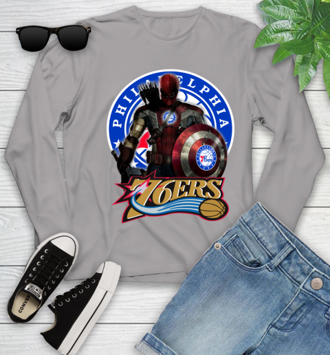 Philadelphia 76ers NBA Basketball Captain America Thor Spider Man Hawkeye Avengers (1) Youth Long Sleeve 5