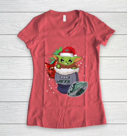 New York Jets Christmas Baby Yoda Star Wars Funny Happy NFL Women's V-Neck T-Shirt 6