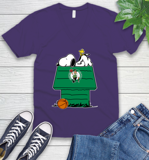 Boston Celtics NBA Basketball Snoopy Woodstock The Peanuts Movie V-Neck T-Shirt 10