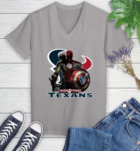 NFL Captain America Thor Spider Man Hawkeye Avengers Endgame Football Houston Texans Women's V-Neck T-Shirt 4