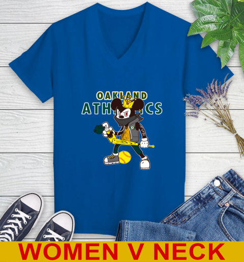 Oakland Athletics MLB Baseball Mickey Peace Sign Sports Women's V-Neck T-Shirt 11