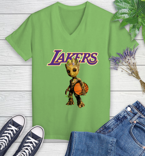 Los Angeles Lakers NBA Basketball Groot Marvel Guardians Of The Galaxy Women's V-Neck T-Shirt 11