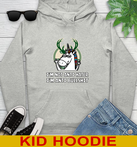 Milwaukee Bucks NBA Basketball Unicorn I'm Not Anti Hater I'm Anti Bullshit Youth Hoodie