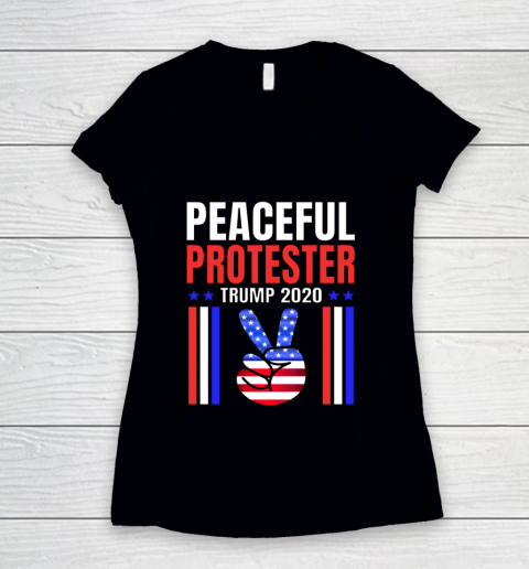 PEACEFUL PROTESTER TRUMP 2020 Rally Peace Sign Patriotic Women's V-Neck T-Shirt