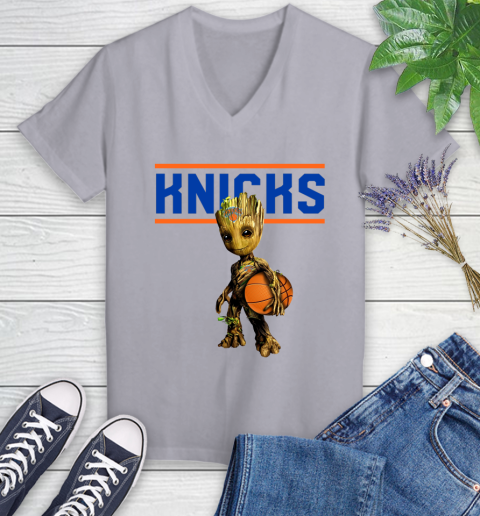 New York Knicks NBA Basketball Groot Marvel Guardians Of The Galaxy Women's V-Neck T-Shirt 4