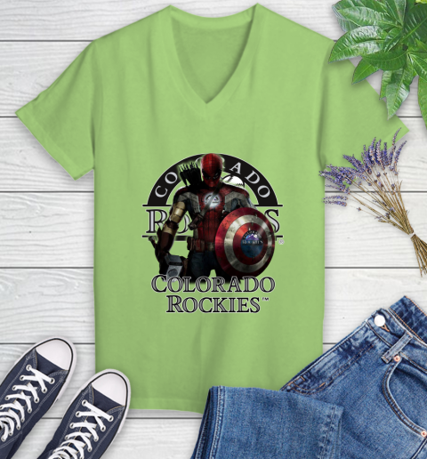 MLB Captain America Thor Spider Man Hawkeye Avengers Endgame Baseball Colorado Rockies Women's V-Neck T-Shirt 11