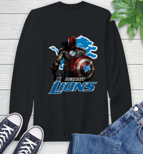 NFL Captain America Thor Spider Man Hawkeye Avengers Endgame Football Detroit Lions Long Sleeve T-Shirt 2