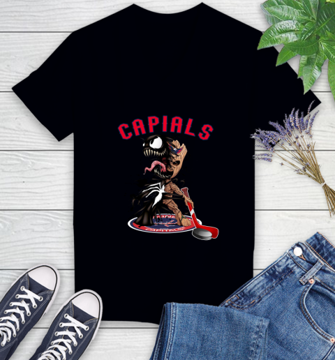 NHL Washington Capitals Hockey Venom Groot Guardians Of The Galaxy Women's V-Neck T-Shirt 2