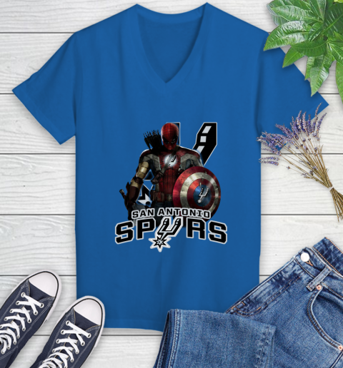 San Antonio Spurs NBA Basketball Captain America Thor Spider Man Hawkeye Avengers Women's V-Neck T-Shirt 10