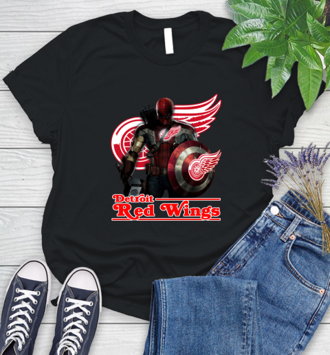 NHL Captain America Thor Spider Man Hawkeye Avengers Endgame Hockey Detroit Red Wings Women's T-Shirt 2