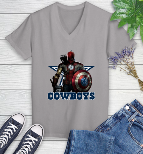 NFL Captain America Thor Spider Man Hawkeye Avengers Endgame Football Dallas Cowboys Women's V-Neck T-Shirt 4