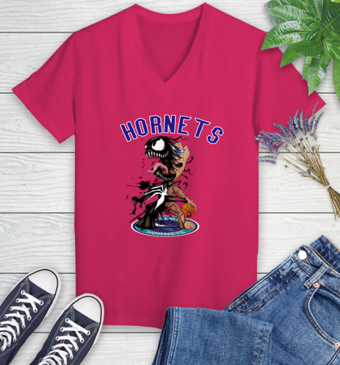 NBA Charlotte Hornets Basketball Venom Groot Guardians Of The Galaxy Women's V-Neck T-Shirt 9