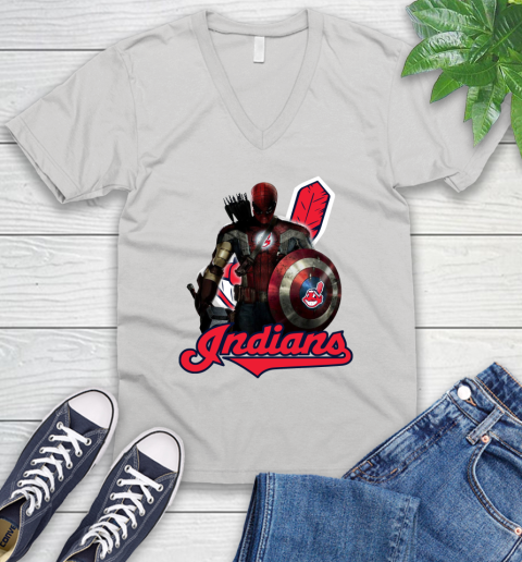 MLB Captain America Thor Spider Man Hawkeye Avengers Endgame Baseball Cleveland Indians V-Neck T-Shirt
