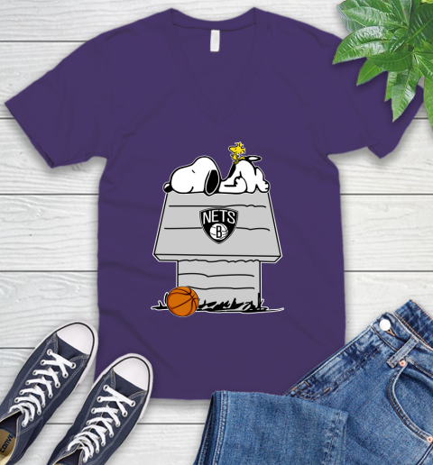Brooklyn Nets NBA Basketball Snoopy Woodstock The Peanuts Movie V-Neck T-Shirt 10