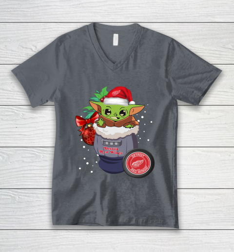 Detroit Red Wings Christmas Baby Yoda Star Wars Funny Happy NHL V-Neck T-Shirt 5