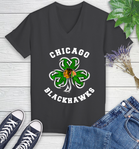 NHL Chicago Blackhawks Three Leaf Clover St Patrick's Day Hockey Sports Women's V-Neck T-Shirt 8