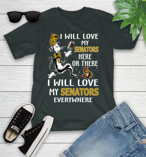 NHL Hockey Ottawa Senators I Will Love My Senators Everywhere Dr Seuss Shirt Youth T-Shirt 5