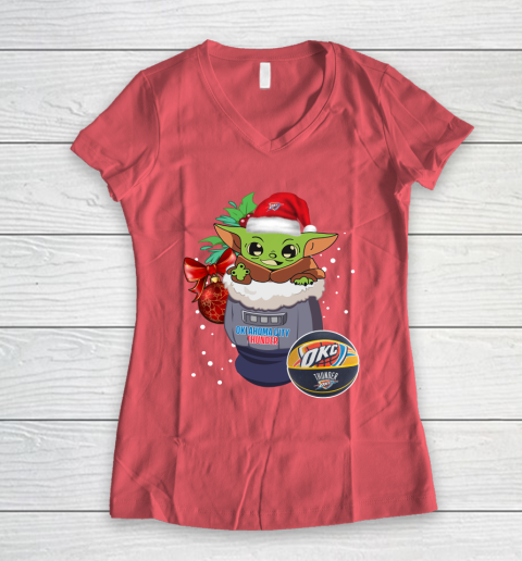 Oklahoma City Thunder Christmas Baby Yoda Star Wars Funny Happy NBA Women's V-Neck T-Shirt 6
