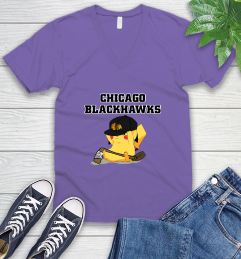 NHL Pikachu Hockey Sports Chicago Blackhawks V-Neck T-Shirt 9