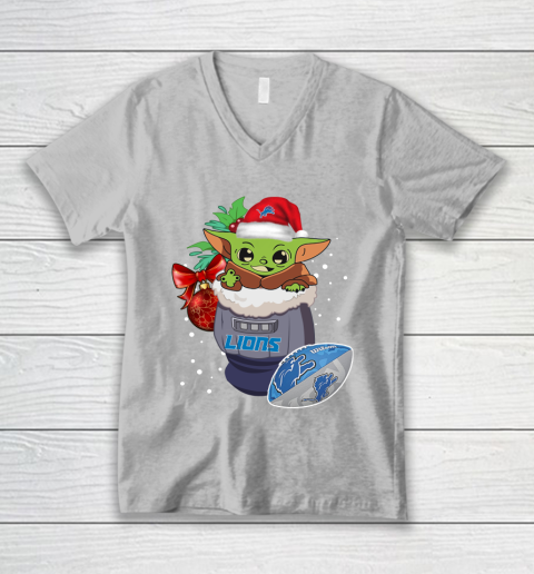 Detroit Lions Christmas Baby Yoda Star Wars Funny Happy NFL V-Neck T-Shirt 4
