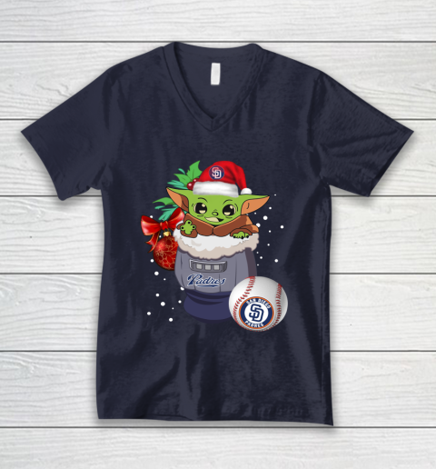 San Diego Padres Christmas Baby Yoda Star Wars Funny Happy MLB V-Neck T-Shirt 3
