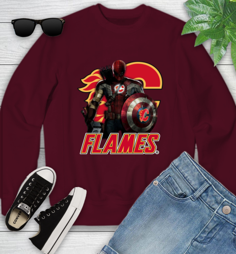 NHL Captain America Thor Spider Man Hawkeye Avengers Endgame Hockey Calgary Flames Youth Sweatshirt 5
