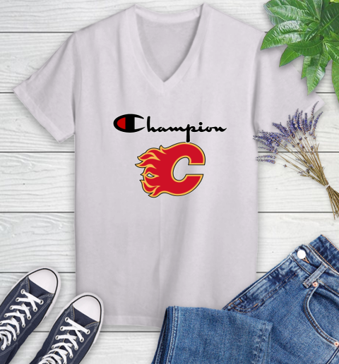 NHL Hockey Calgary Flames Champion Shirt Women's V-Neck T-Shirt