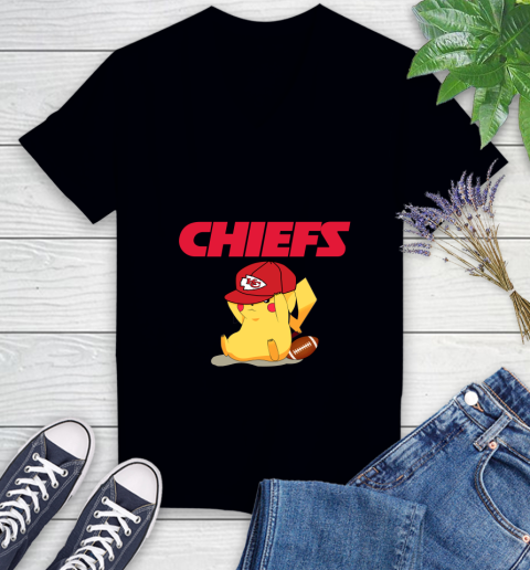 NFL Pikachu Football Sports Kansas City Chiefs Women's V-Neck T-Shirt 2