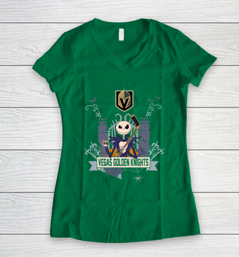 NHL Vegas Golden Knights Hockey Jack Skellington Halloween Women's V-Neck T-Shirt 3