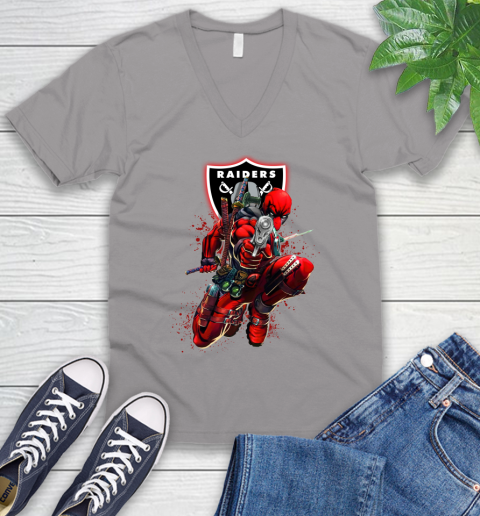 NFL Deadpool Marvel Comics Sports Football Oakland Raiders V-Neck T-Shirt 4