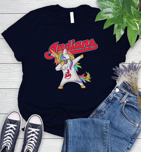 Cleveland Indians MLB Baseball Funny Unicorn Dabbing Sports Women's T-Shirt 3