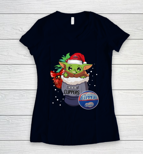 LA Clippers Christmas Baby Yoda Star Wars Funny Happy NBA Women's V-Neck T-Shirt 3