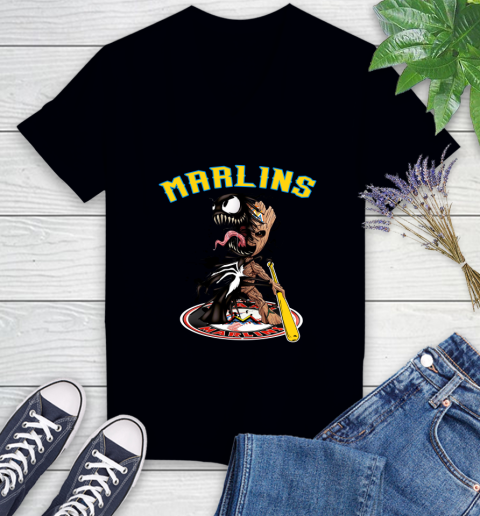 MLB Miami Marlins Baseball Venom Groot Guardians Of The Galaxy Women's V-Neck T-Shirt 2